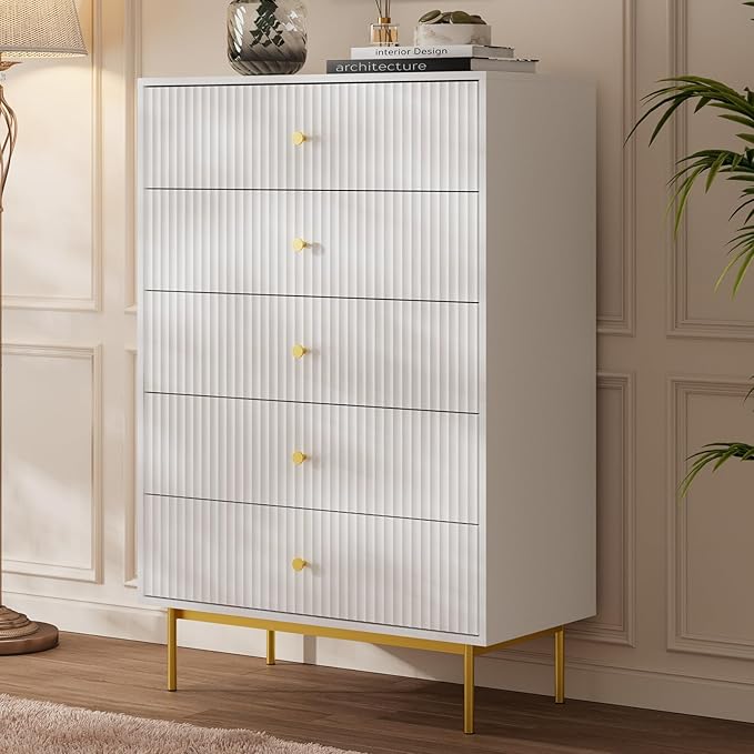 5 Drawer Dresser for Bedroom, Tall Dresser Chest of Drawers with Gold Handles, Wood Storage Cabinet for Bedroom, White