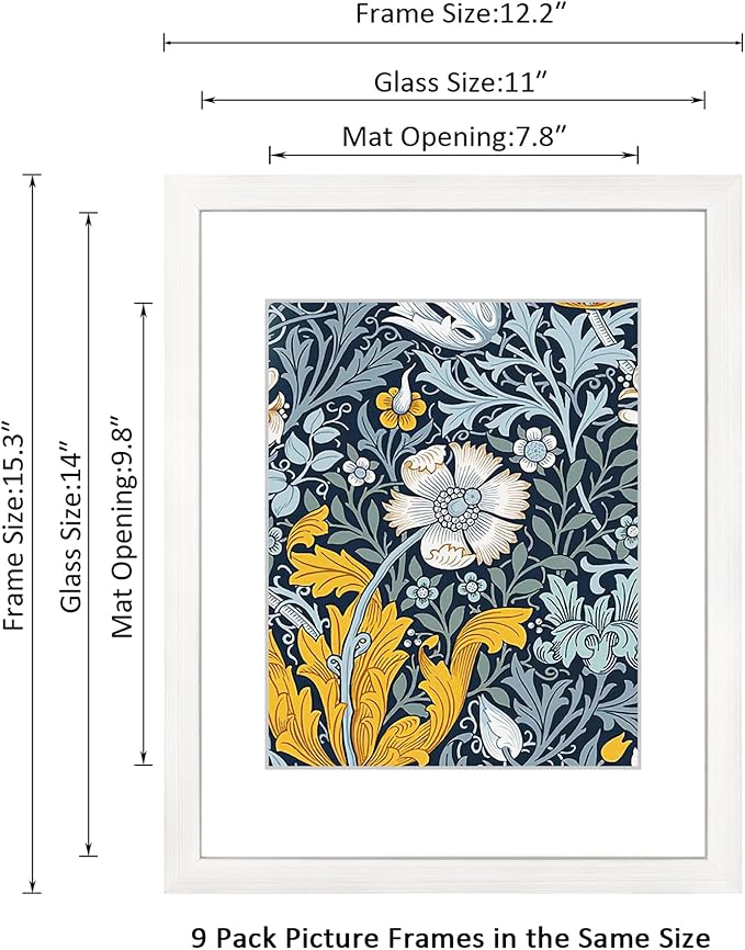 11x14 Picture Frame Set of 9 for Pictures 8x10 with Mat or 11x14 Without Mat, Wall Gallery or Tabletop display Photo Frames in White