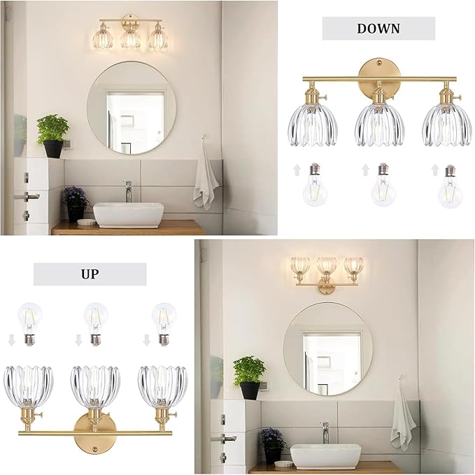 Bathroom Light Fixtures, 3-Light Brass Vanity Wall Light Over Mirror with Clear Tulip Glass Shade for Bedroom Living Room