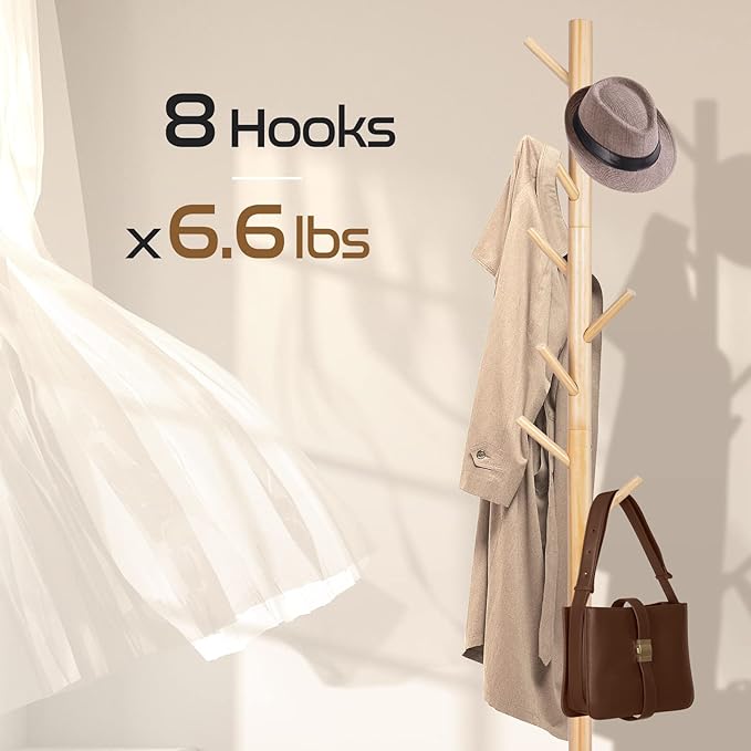 2PCS Solid Wooden Coat Rack Freestanding, New Zealand Pine Coat Tree with 8 Hooks & 3 Adjustable Sizes for Coats, Hats, Handbags and Scarves, Space Saving for Entryway/Office/Bedroom (Nature)