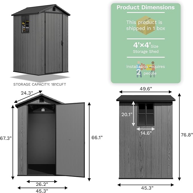 Greesum 4×4FT Plastic Outdoor Storage Shed with Floor, Resin Storaged Sheds with Lockable Door, Window & Vent, All-Weather Tool Sheds for Garden, Backyard, Patio, Dark Gray (One-Piece Panel)