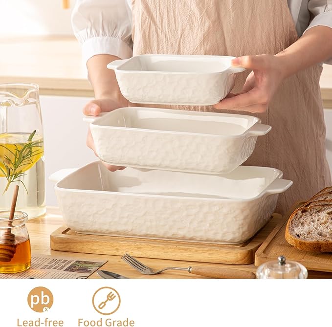 YUN TAO Casserole Plates for Oven Ceramic Baking Pan Ceramic Baking Pan Rectangular Bakeware Pan with Handle for Baking Cake Kitchen Cake Dinner Set of 3 (3 Pieces, White)