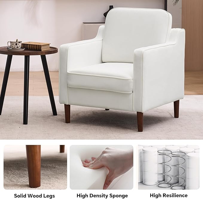 Mid Century Modern Accent Chair, Upholstered Reading Armchair for Living Room, Velvet Comfy Sofa Chair with Wood Legs for Bedroom, Office, Waiting Room, Ivory
