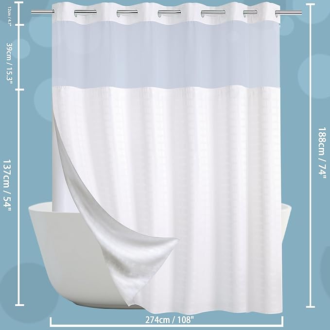 Conbo Mio Extra Wide No Hook Shower Curtain with Snap in Liner Set, 108" x 74" Hotel Luxury White Fabric Shower Curtains for Bathroom with See Through Top Window, Washable, Waterproof 108W x 74H