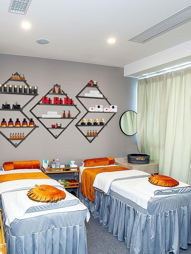 EBANKU Metal Wall Mounted Nail Polish Storage Racks, Black Display Rack Cosmetic Display Case Lipstick Wall Shelf Essential Oil Organizer for Bottles Spa Nail Salon (Irregular Rhomboid)