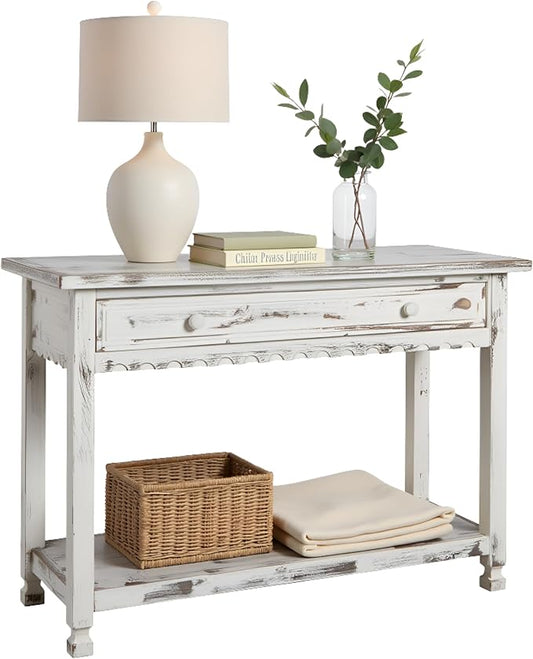 Alaterre Furniture Rustic Country Cottage Console Table with 1 Drawer & 1 Shelf, Distressed Finish - Perfect for Living Room, Entryway, Hallway
