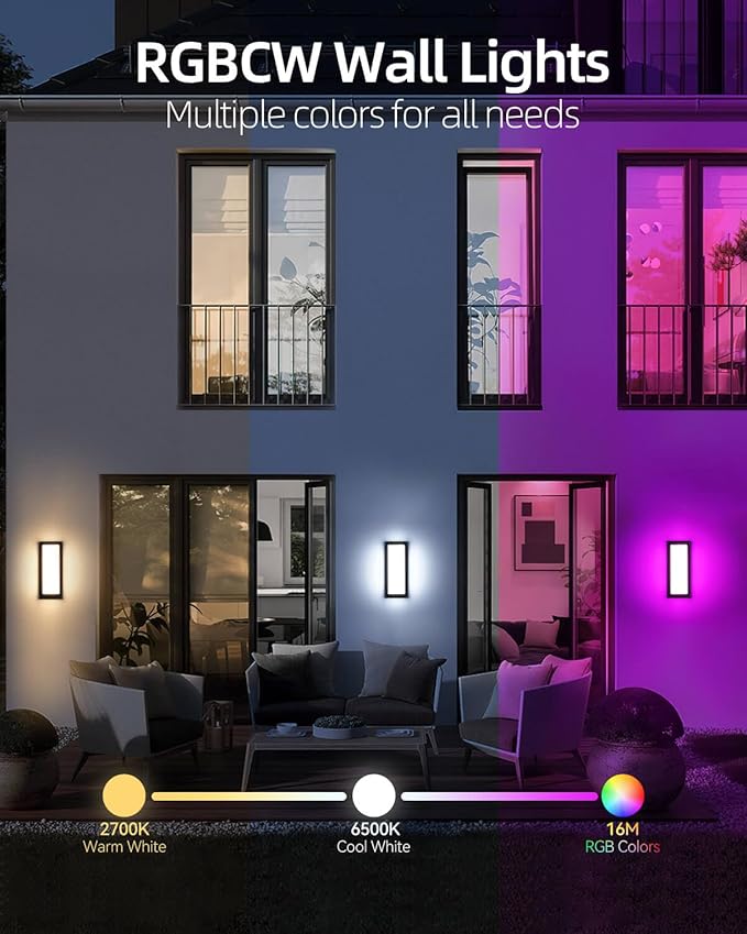 RAYVO Outdoor Wall Light, 1500LM RGBCW Smart Porch Lights Color Changing Exterior Lighting Fixtures, IP65 Waterproof Outdoor Sconce Lights for House Compatible with Alexa Google Assistant, ETL Listed