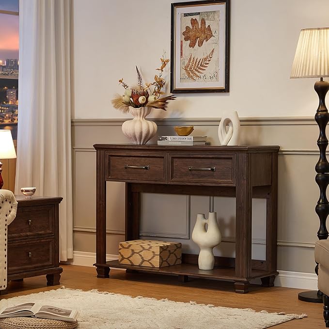 Farmhouse 46" Console Table with 2 Drawers, Rustic Wood 2 Tier Entryway Table with Open Storage Shelf for Entry, Large Mid-Century Vintage Sofa Tables Behind Couch for Living Room, Walnut