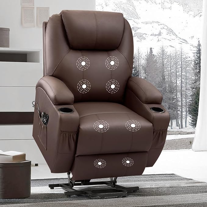 VICTONE Electric Power Lift Recliner Chair for Elderly Reclining Sofa for Living Room with Massage, Side Pockets and Cup Holders (Leather, Brown)