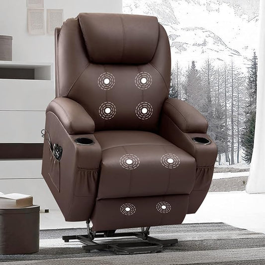 VICTONE Electric Power Lift Recliner Chair for Elderly Reclining Sofa for Living Room with Massage, Side Pockets and Cup Holders (Leather, Brown)