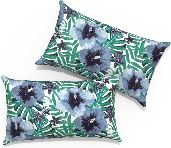 Outdoor Lumbar Pillows 12x20 inch, Rectangle Throw Pillows with Inserts, Decorative Lumbar Cushions for Patio Furniture Garden Couch Home Sofa Office Chair, Pack of 2,Blue Salmone Tropical