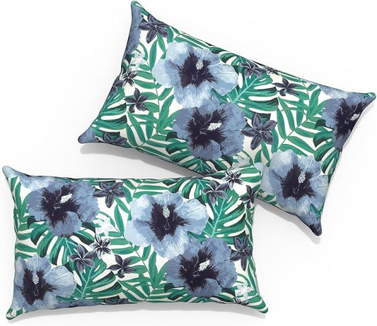 Outdoor Lumbar Pillows 12x20 inch, Rectangle Throw Pillows with Inserts, Decorative Lumbar Cushions for Patio Furniture Garden Couch Home Sofa Office Chair, Pack of 2,Blue Salmone Tropical