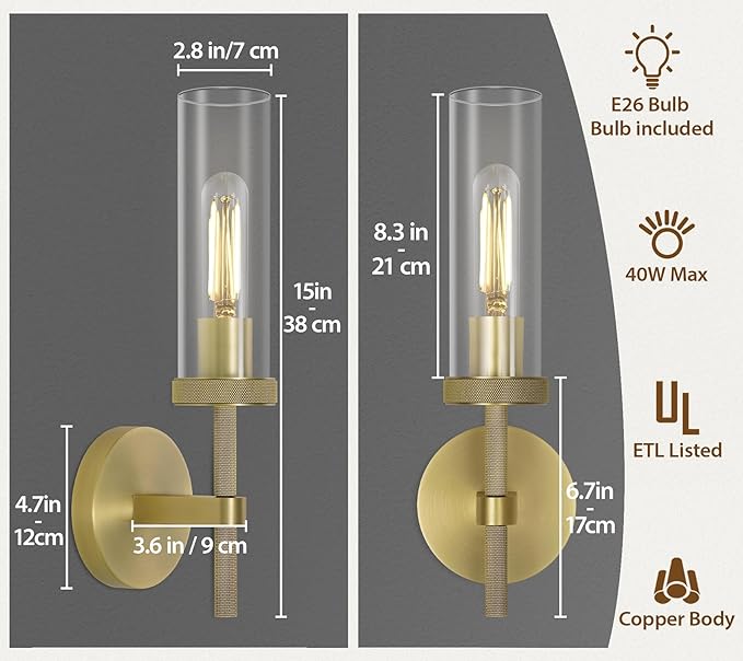 Knurled Brass Wall Sconces Indoors, Glass Tube Sconces Wall Lighting 14", Gold Bathroom Vanity Wall Sconces, Wall Lights For Living Room Bedroom Hallway Kitchen Bathroom Mirror(Including Bulb)