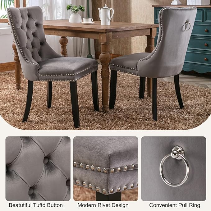 3-Piece Faux Marble Round Dining Table Set for 2, Modern Luxury Kitchen Table Set for 2 with Grey Tufted Chairs,Circle Dining Tables with Pandora Grain Top and Black Pedestal Base