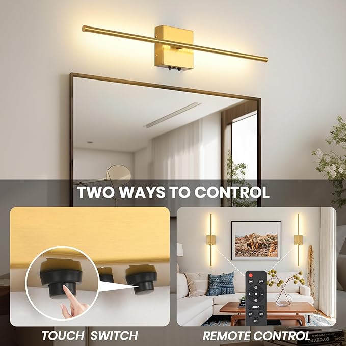 Battery Operated Wall Sconces Set of 2, 11000mAh Wireless Rechargeable Gold Wall Lights with Remote Control, 350°Rotate Dimmable Wall Lamp, 3 Color Temperatures, for Bedroom, Living Room, Hallway