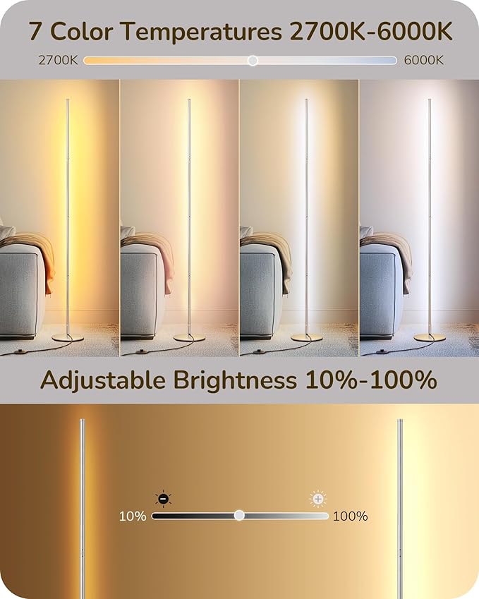 EDISHINE LED Standing Floor Lamp, Dimmable Corner Standing Light with Remote, 3 Color Temperature 3000K-4500K-6000K, 57.5" Modern Floor Lamps for Living Room, Bedroom, Office, Silver