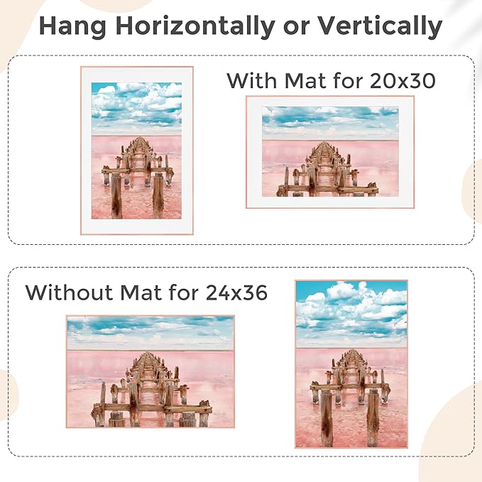 24x36 Metal Picture Frame For Wall With Mat For 20x30, 24''x36'' Aluminum Photo Frames With Tempered Glass For Home Decor, Minimalist Modern Poster Frame Horizontal And Vertical Formats, Rose Gold