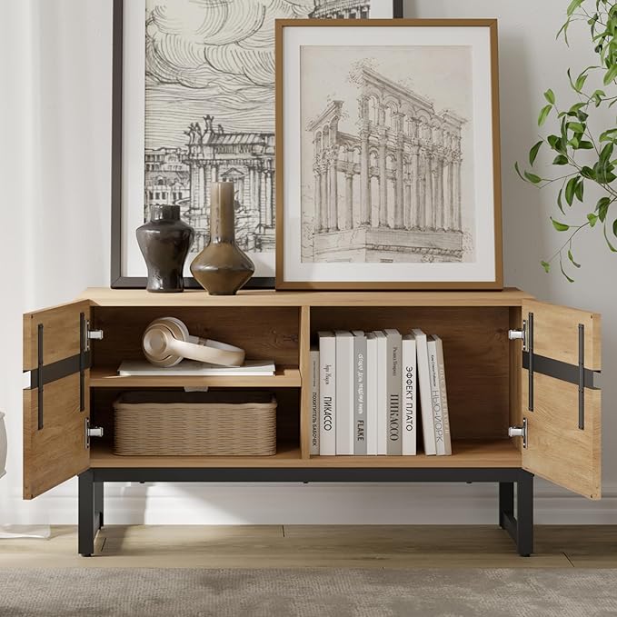 WAMPAT Modern TV Stand for TVs up to 50 inch, TV Entertainment Center Console Table with Storage Cabinet, Wood Media Console for Living Room,Oak