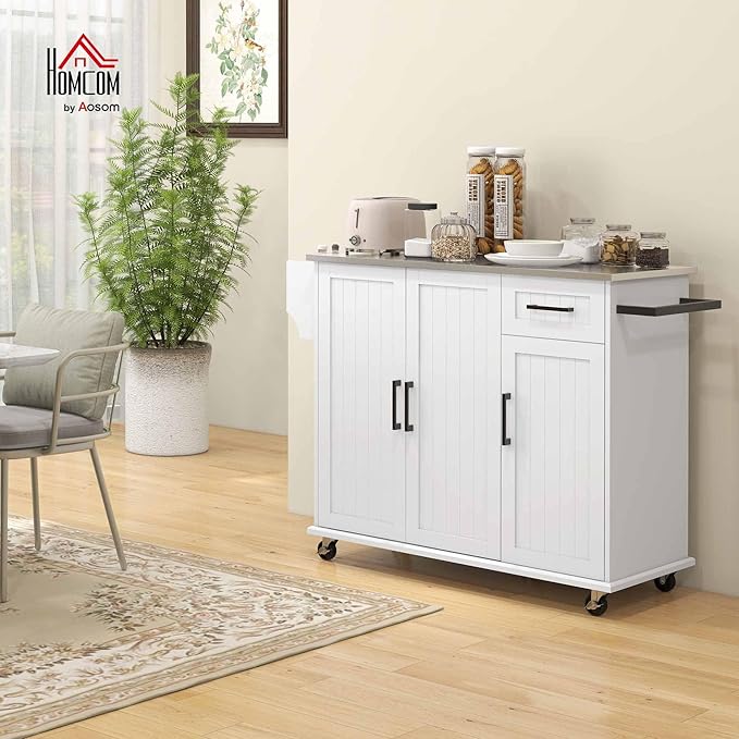 HOMCOM Kitchen Island with Storage, Rolling Kitchen Island on Wheels with Drawer, 3 Cabinets, Stainless Steel Countertop, Spice Rack and Towel Rack, White