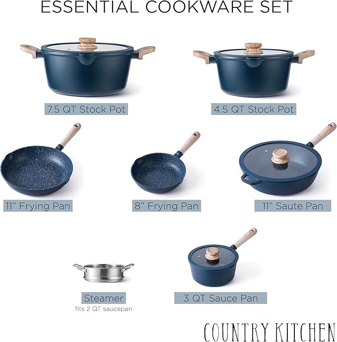Country Kitchen Non-Stick Cast Aluminum Cookware Set - Durable Kitchen Cookware for Everyday Cooking, Navy Round Handle, 11 Pc.