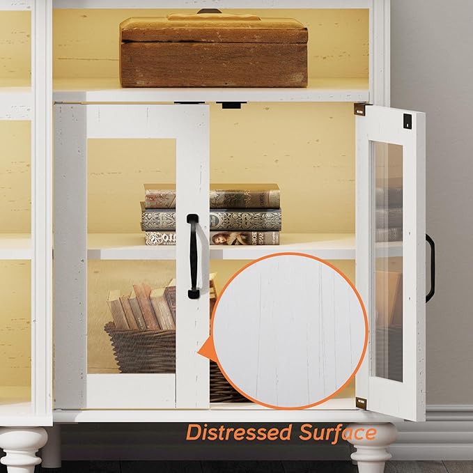 WAMPAT Farmhouse TV Stand with Colorful LED Light, 4-Door Glass Wood Entertainment Center with 9 Storage Cabinets, Media Console Table for Living Room Bedroom，70'', Antique White