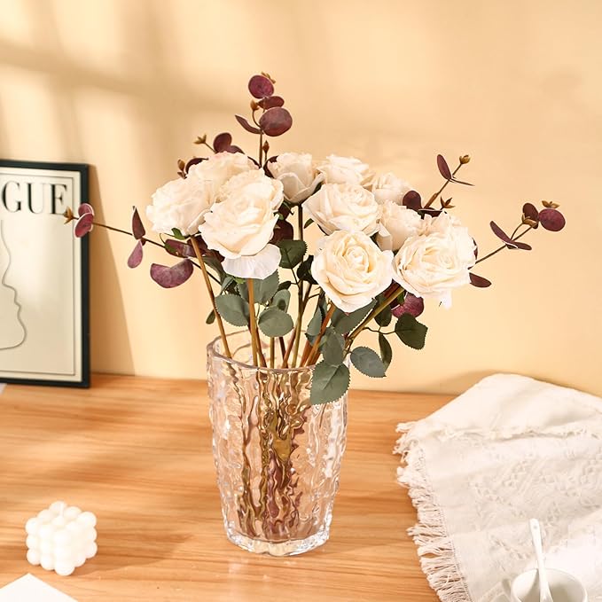 Kimura's Cabin 12pcs Lifelike Faux White Roses Artificial Plastic Silk Rose Long Stem Fake Roses Bouquet for Valentines Day Home Centerpiece Wedding Party DIY Decoration (White)