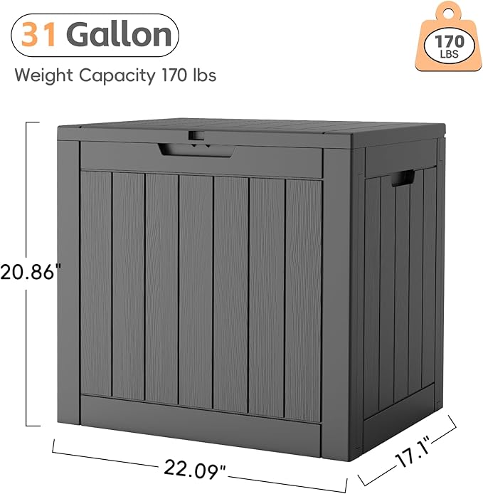 Outdoor Storage Box, 31 Gallon Waterproof Resin Deck Box, Storage Bin for Package Delivery, Patio Furniture Cushion, Garden Tools, Pool Accessories, Weatherproof and UV Resistant, Black