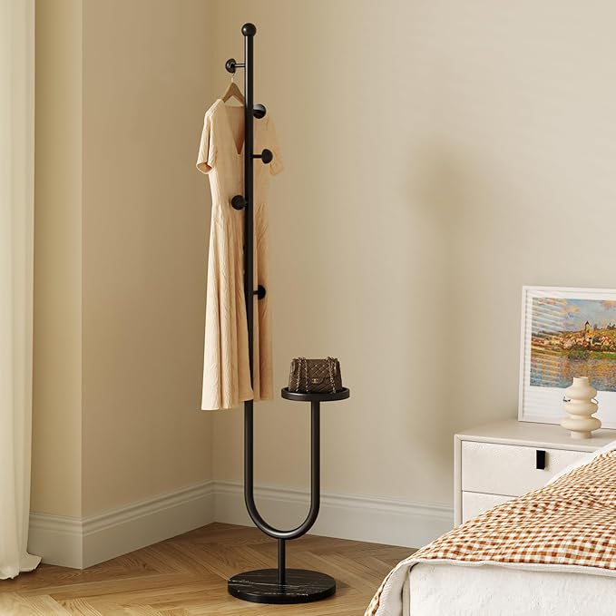 Coat Rack,Metal Free Standing Coat Stand with marble base, Hall Coat Tree with 6 Hooks and Storage Tray,68.9 Inch Tall, for Coats, Hats, Bags, for Entryway, Hallway, Bedroom (black)