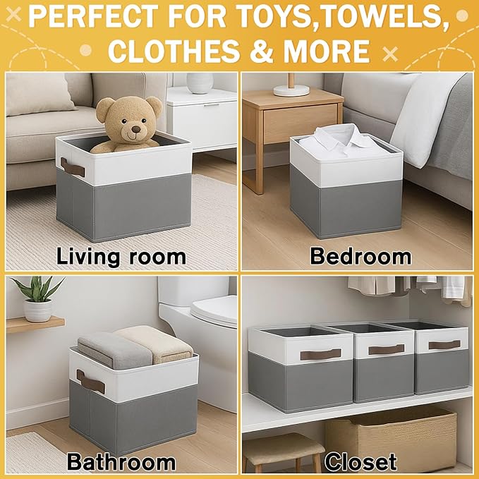 JTIEO 8 Pack Collapsible Storage Baskets 15"x11" for Shelves, Fabric Bins with Sturdy Handles, Decorative Closet Storage Baskets for Organizing Clothes, Toys, Nursery, Living Room