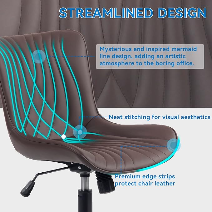 YOUNIKE Office Chair, Armless Desk Chair with Wheels, Home Office Computer Task Chairs, Modern Faux Leather Upholstered Vanity Chair, Adjustable Swivel Rocking Chair with Back, Espresso Brown