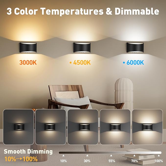 VOLISUN No Hardwired Wall Sconces, Modern Wall Sconces Battery Operated with Remote, 3000K-6500K Dimmable LED Wall Lamps, Wireless Wall Lights for Bedroom, Living Room, Hallway, Corridor(2 Pack)