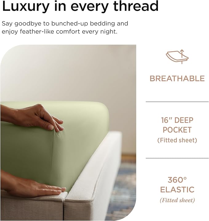 Threadmill Luxury 800 Thread Count California King 100% Cotton Sheets - Sage Green Sateen Weave Bed-Sheets, Better Than Egyptian Cotton, 4 Pc Solid Bed Set, Fits 16" Deep Pocket