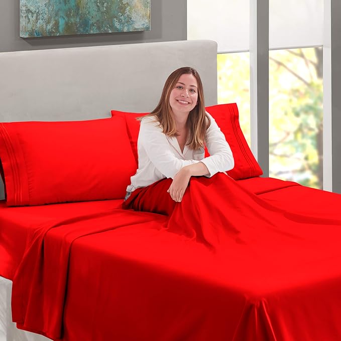 Nestl Twin XL Sheet Set - College Dorm Size - Luxury 1800 Ultra-Soft Microfiber Twin Extra Long Bed Sheets - Deep Pockets - Easy Fit - Extra Soft - 3 Piece Set (Twin XL, Red)