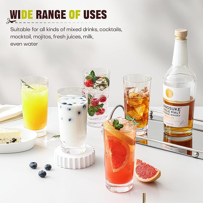 Highball Glasses Set of 12, 13oz Tall Drinking Glasses, Water Glass for Kitchen, Tom Collins Glasses, Mojito Glass Cups, Cocktail Glasses for Bar Glassware