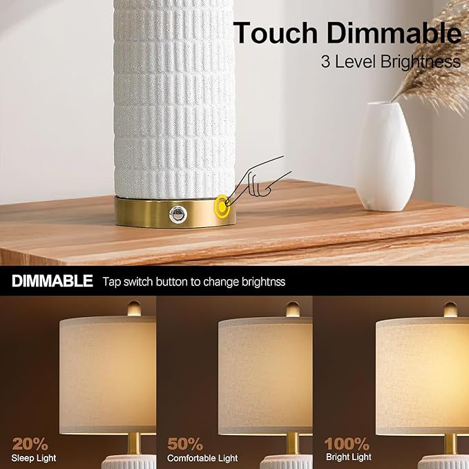 PoKat Touch Bedside Table Lamps with USB Ports for Bedroom, 25'' Dimmable Nightstand Touch Lamps for Night Stands, White Ceramic Lamps with Gold Base for Living Room End Side Table, Frosted White