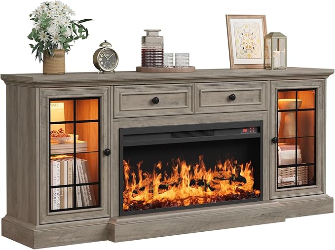 Fireplace TV Stand Up to 80" TVs, 70'' Modern Entertainment Center with 36" Electric Fireplace & LED Lights, Farmhouse Media Console with Storage Cabinet & Drawer for Living Room, Gray