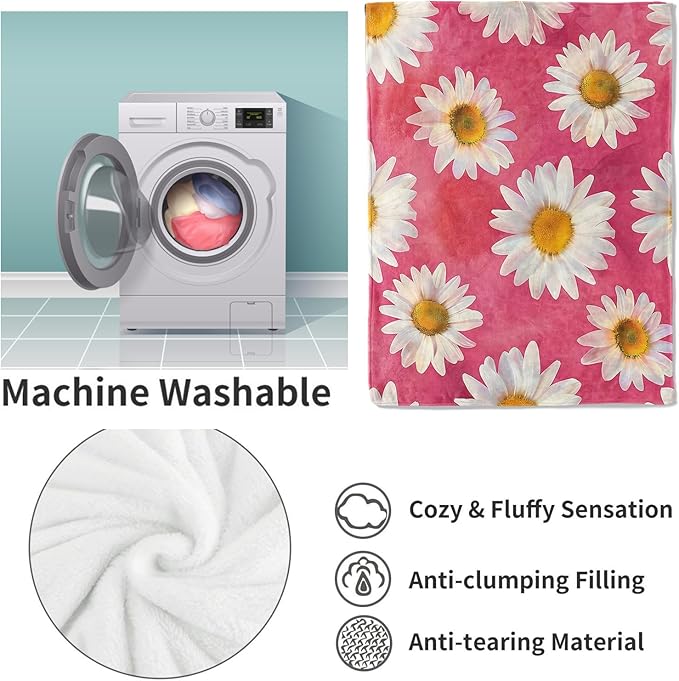 Daisy Flannel Blanket, Pink Daisy Gifts, Floral Blanket for Women, Soft Lightweight Throw Blankets for Bed Home Travel Decor 60" x 80"