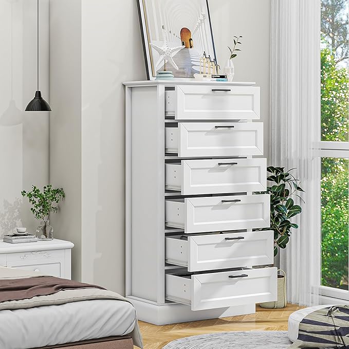 Tall White 6 Drawer Dresser, Wood Vertical Chest of Drawers for Bedroom, 55" H Modern Lingerie Dressers for Closet, Living Room, Hallway and Home Office
