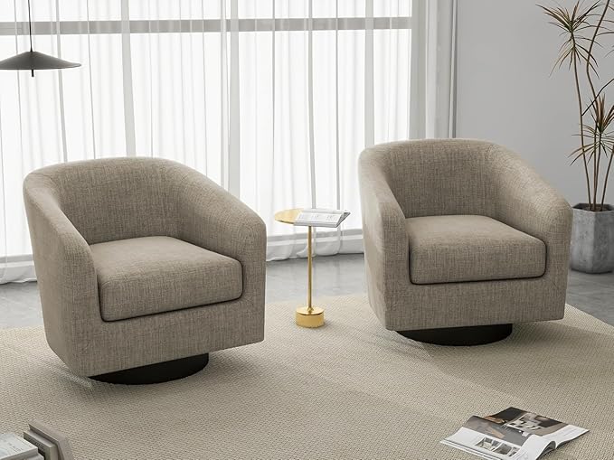 UIXE Swivel Barrel Accent Chairs Set of 2, Fabric Club Chair Upholstered Armchair for Living Room, Round Arm Chair Single Sofa Bedroom Reading Seat - Light Brown