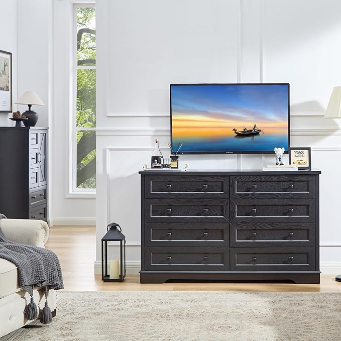 SOOWERY Dresser for Bedroom, Farmhouse Dresser with 8 Wooden Drawers and Storage Cabinet, 55 Inches Wide Chest of Drawers for Bedroom, Living Room, Hallway, Black