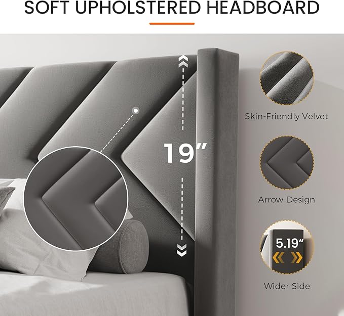 Casaottima Queen Bed Frame Upholstered Platform Bed with Wingback Headboard, Sturdy Wooden Slats Support, Noise-Free Mattress Foundation, No Box Spring Needed, Easy Assembly, Arrow Pattern Smoky Grey