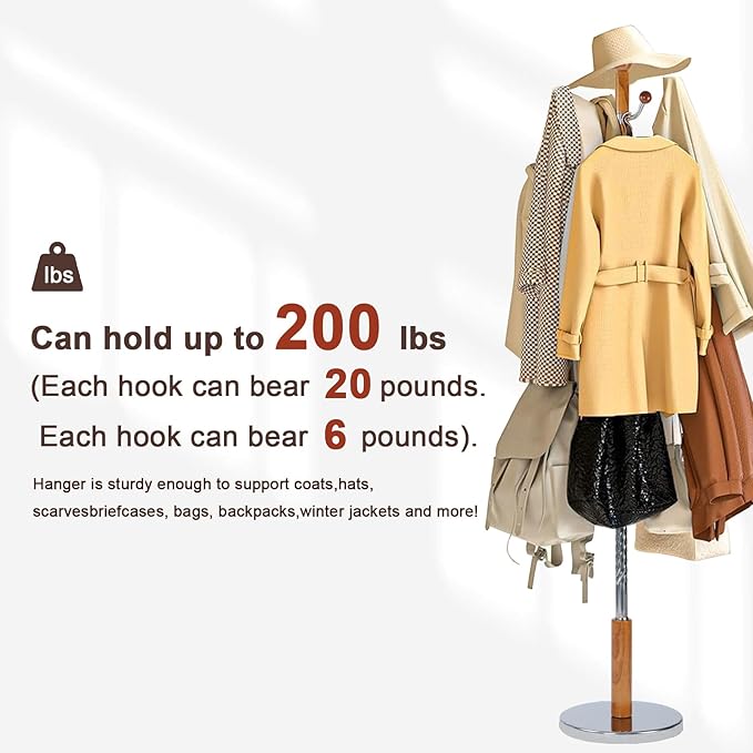 Coat Racks Freestanding, Natural Wood Coat Stands with 6 Hooks, 68" Heavy Duty Adjustable Height Vintage Hall Tree for Entryway, Bedroom, Office, Easy Assembly (Solid Wood Metal Hook)