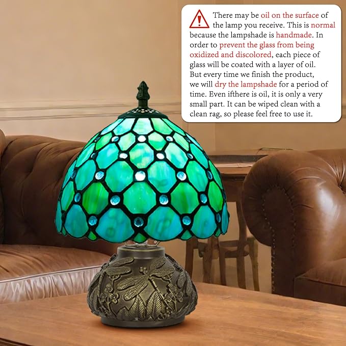 Small Tiffany Stained Glass Lamp, 3 Color Temperatures Bedside Lamp, 8 Inch Blue Pearl Beads Style Mushroom Desk Light for Bedroom Living Room Office Home Decor (Blue)