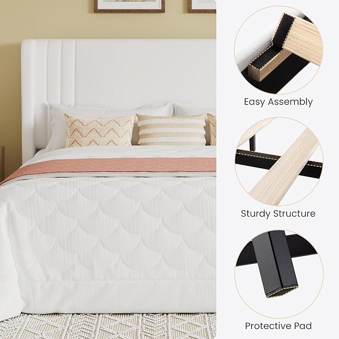 SHA CERLIN King Size Velvet Upholstered Platform Bed Frame with Vertical Channel Tufted Wingback Headboard, Wooden Slats Support, Easy Assembly, Under Bed Storage, No Box Spring Required, White