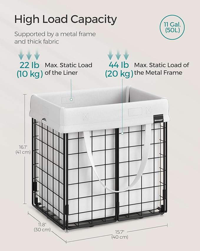 SONGMICS Laundry Hamper, 11 Gal. (50L) Laundry Basket, Collapsible Clothes Hamper, Removable and Washable Liner, Metal Wire Frame, for Bedroom Bathroom, Cream White ULCB150W01