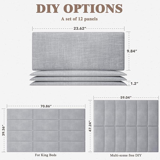 Upholstered Headboard for King Size Bed, Wall Mounted & Peel and Stick Headboard, Soundproof DIY Wall Panels, Fabric Tufted Head board in Modern Design for Bedroom (12 Panels, Each 23.62"x9.84"）