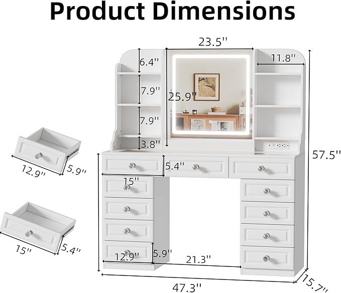 PAKASEPT 47.3'' Makeup Vanity with 11 Drawers, Tempered Glass Top Vanity Table with Mirror and LED Lights, 7 Storage Shelves, Built-in Charging Station, Dressing Table for Bedroom (No Stool)