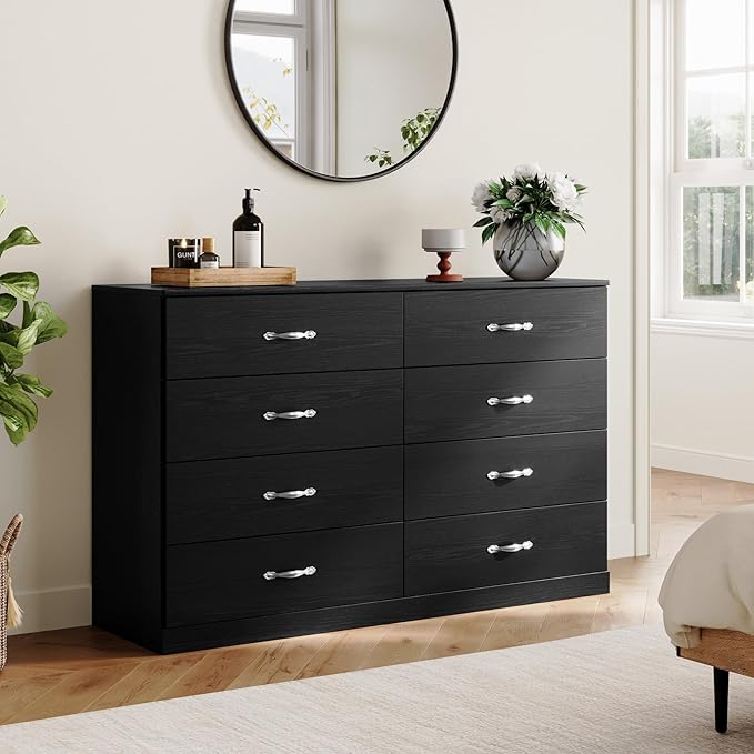 LINSY HOME 8 Drawer Dresser for Bedroom, 54" Wide Chest of Drawers, Modern TV Stand Dressers with Wood Frame and Metal Handles, Large Drawer Organizer for Bedroom, Living Room, Black