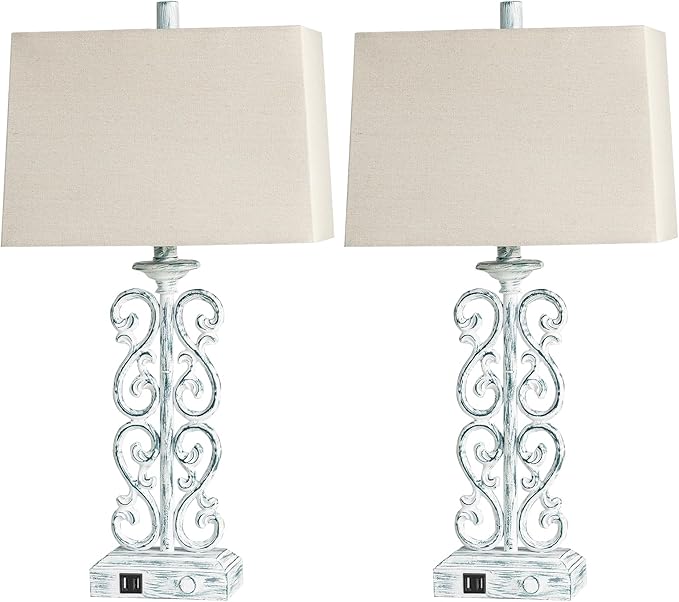 25" Coastal Set of 2 Touch Resin Table Lamps for Living Room with 3-Way Dimmable Dual USB Ports, Rustic Farmhouse Lamps for Bedside Bedroom, Nightstand Home Decor, 2 Bulbs Included