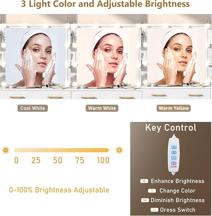 55 in Glass Top Vanity Desk with Mirror and Lights, Large Vanity Makeup Mirror Desk with Charging Station Compartment Storage Drawers, Modern Makeup Vanity with 9 Drawers 6 Shelves, Pink